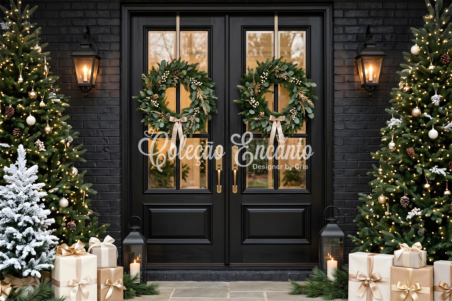 Black Christmas Backdrop Black Door Twin Wreath Porch Christmas Backdrop UK CEM65-120