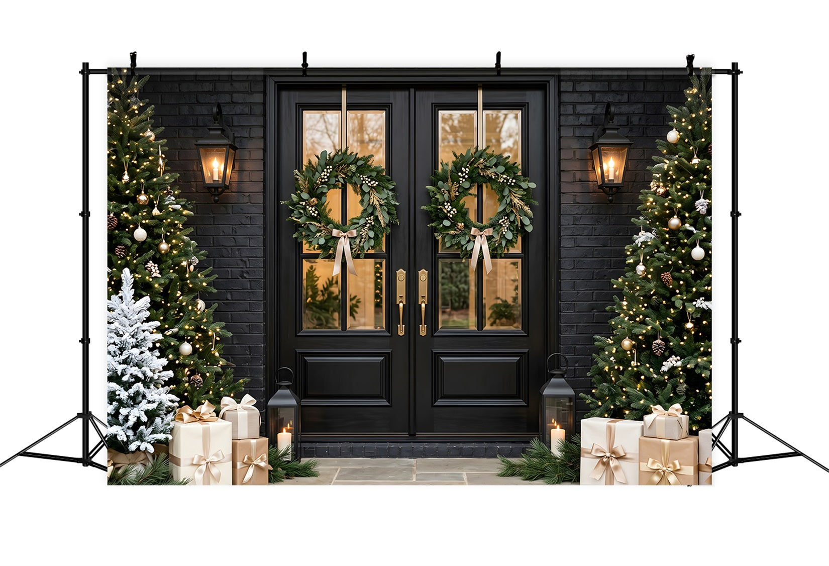 Black Christmas Backdrop Black Door Twin Wreath Porch Christmas Backdrop UK CEM65-120