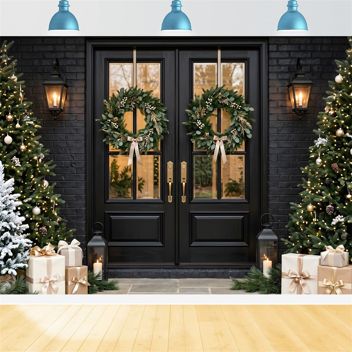 Black Christmas Backdrop Black Door Twin Wreath Porch Christmas Backdrop UK CEM65-120