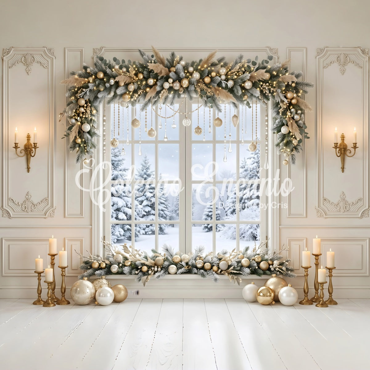 Large Christmas Backdrop Golden Crystal Winter Window Garland Christmas Backdrops UK CEM65-121