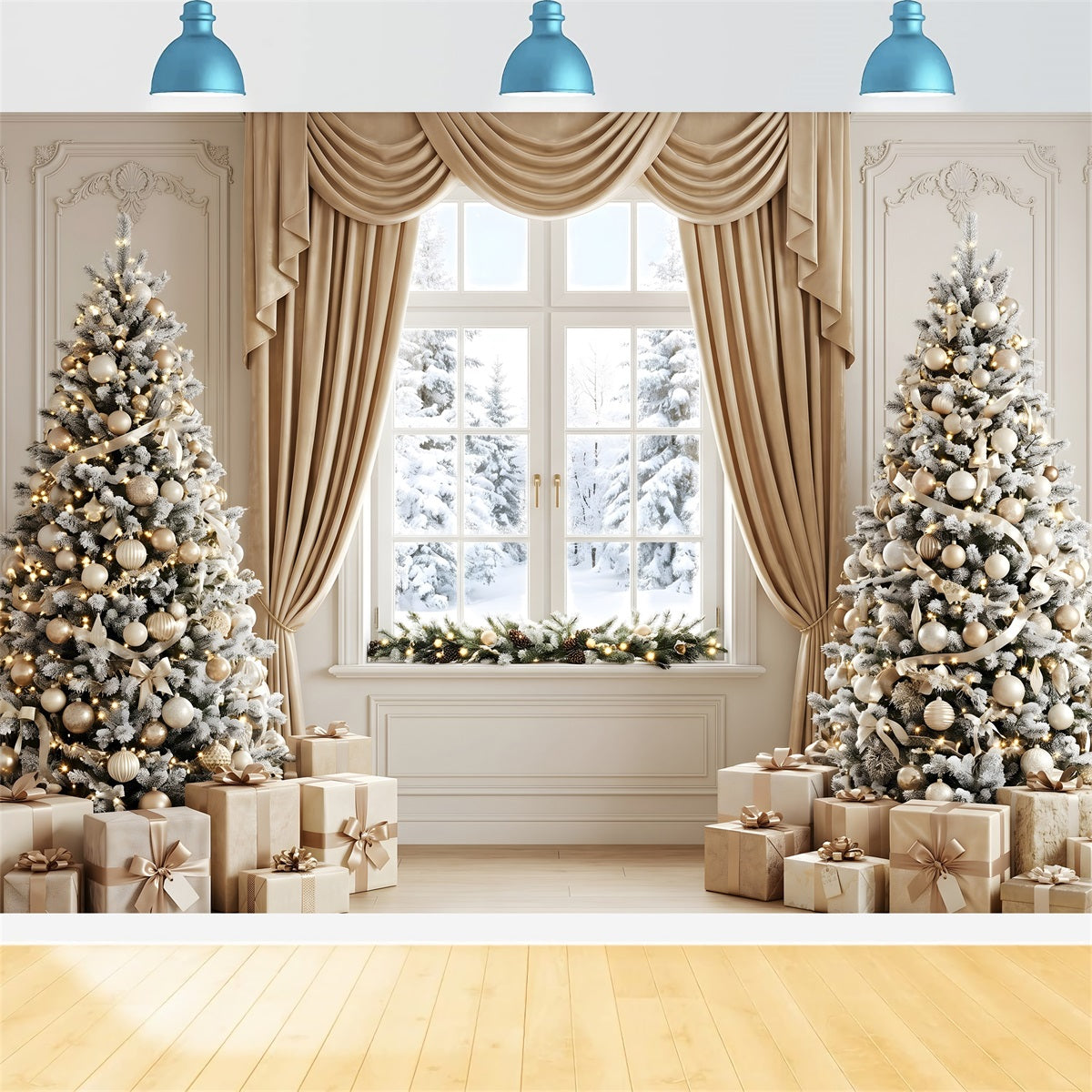 Christmas Window Backdrop Champagne Curtain Frosted Tree Window Christmas Photo Backdrop UK CEM65-122