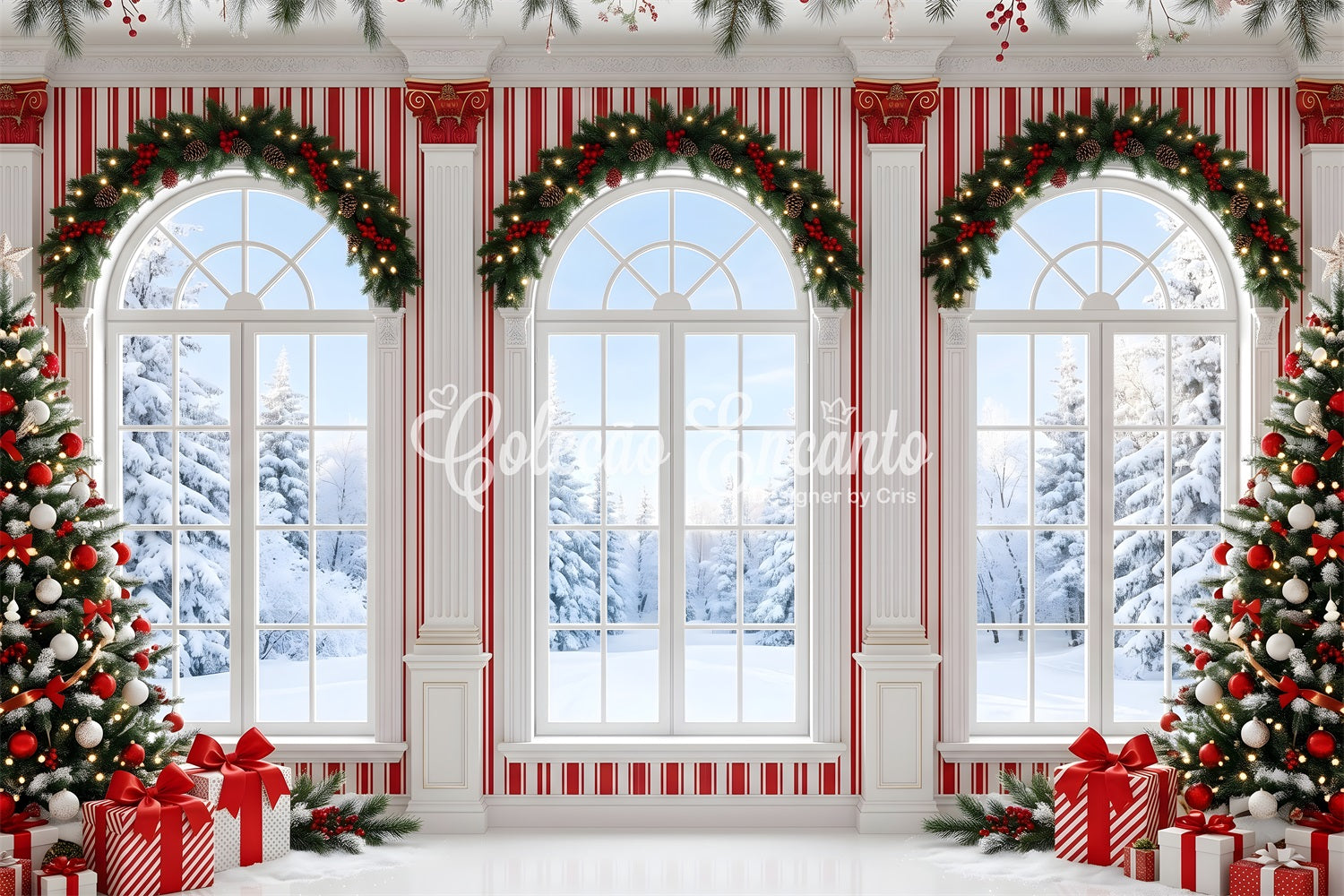 Christmas Photoshoot Backdrop Candy Stripe Winter Window Hall Christmas Backdrop For Photos UK CEM65-123