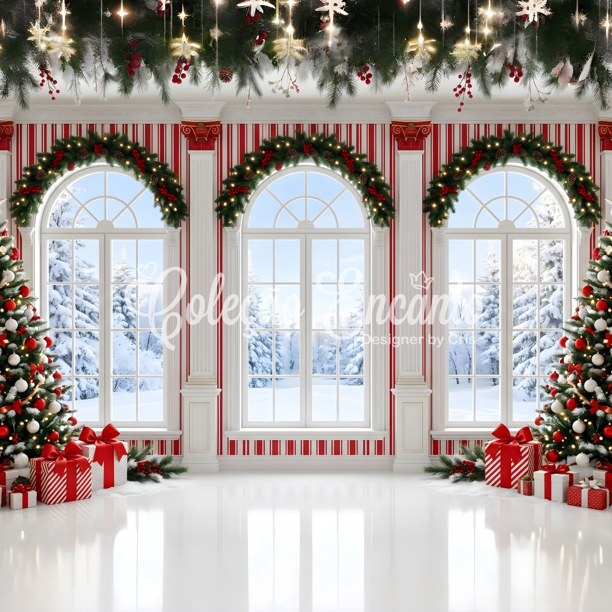Christmas Photoshoot Backdrop Candy Stripe Winter Window Hall Christmas Backdrop For Photos UK CEM65-123
