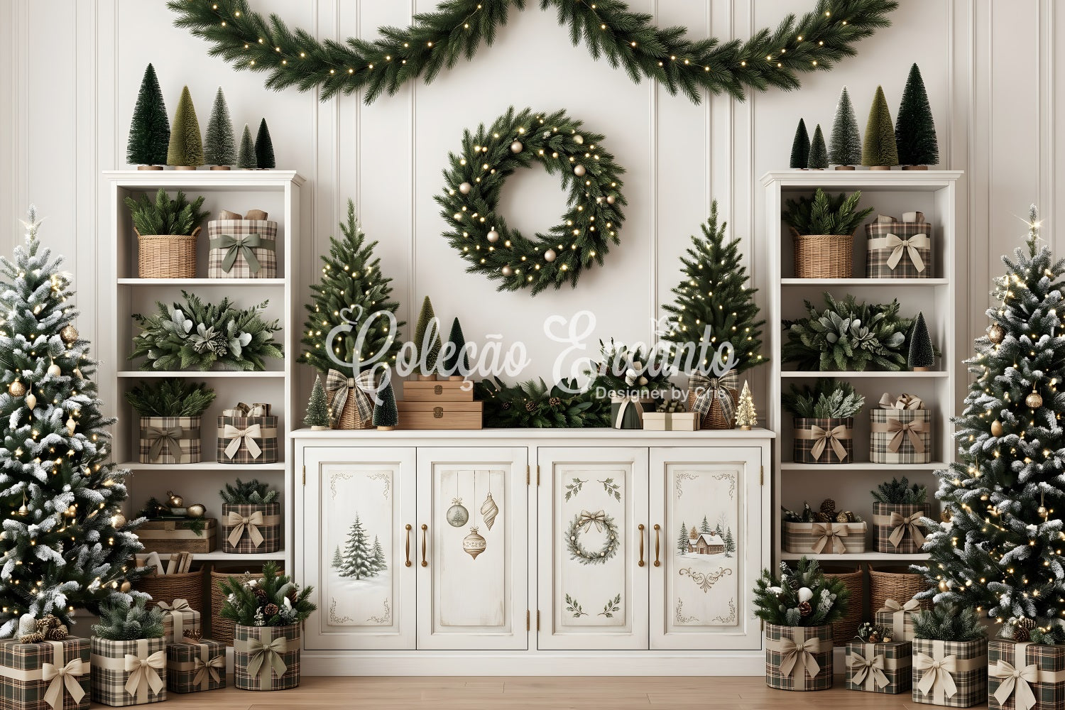 Christmas Backdrop For Pictures Neutral Shelf Wreath Mini Trees Christmas Backdrop Ideas UK CEM65-124