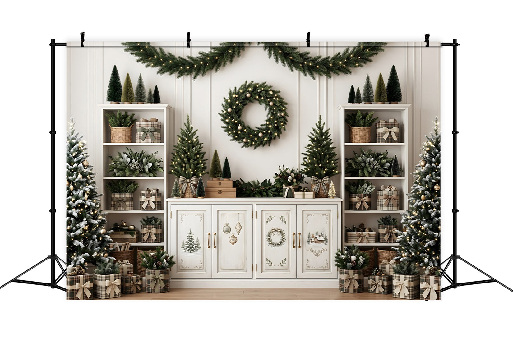 Christmas Backdrop For Pictures Neutral Shelf Wreath Mini Trees Christmas Backdrop Ideas UK CEM65-124