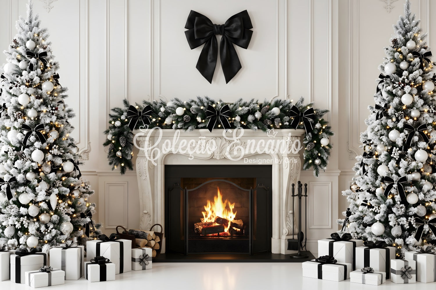Christmas Party Photo Backdrop Black Bow Fireplace Trees Christmas Backdrops For Photography UK CEM65-127