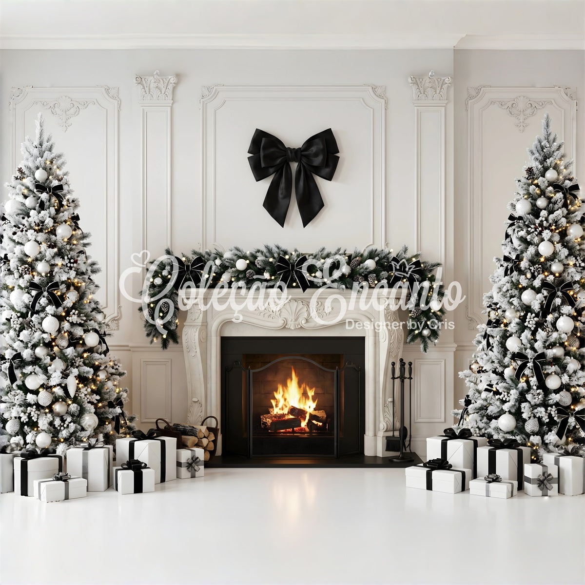 Christmas Party Photo Backdrop Black Bow Fireplace Trees Christmas Backdrops For Photography UK CEM65-127