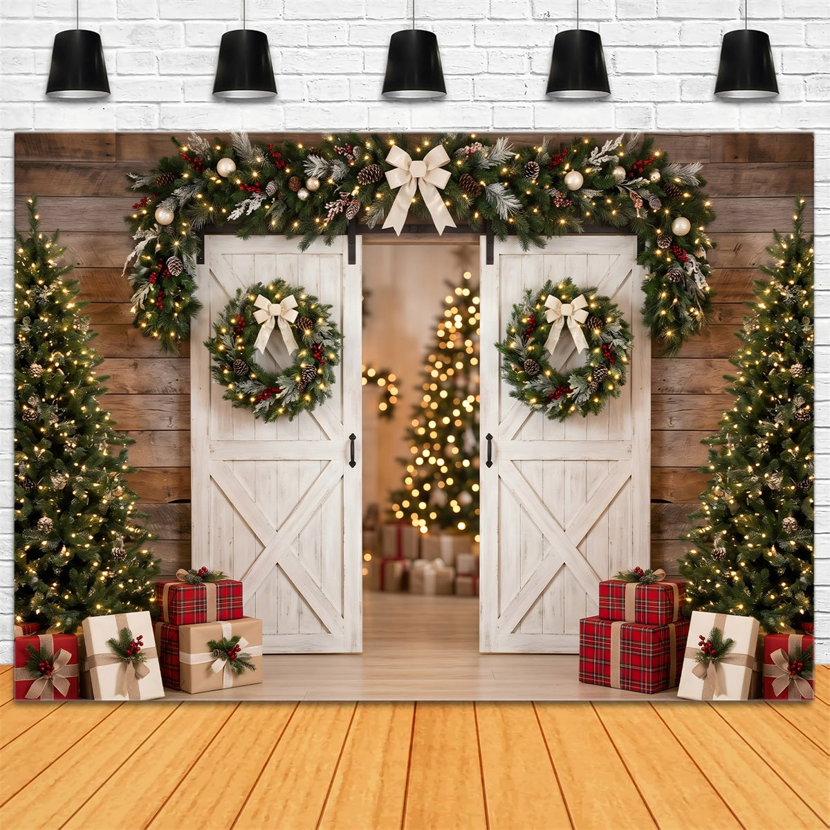 Christmas Backdrop Photo White Barn Door Wreath Trees Professional Christmas Backdrops UK CEM65-129