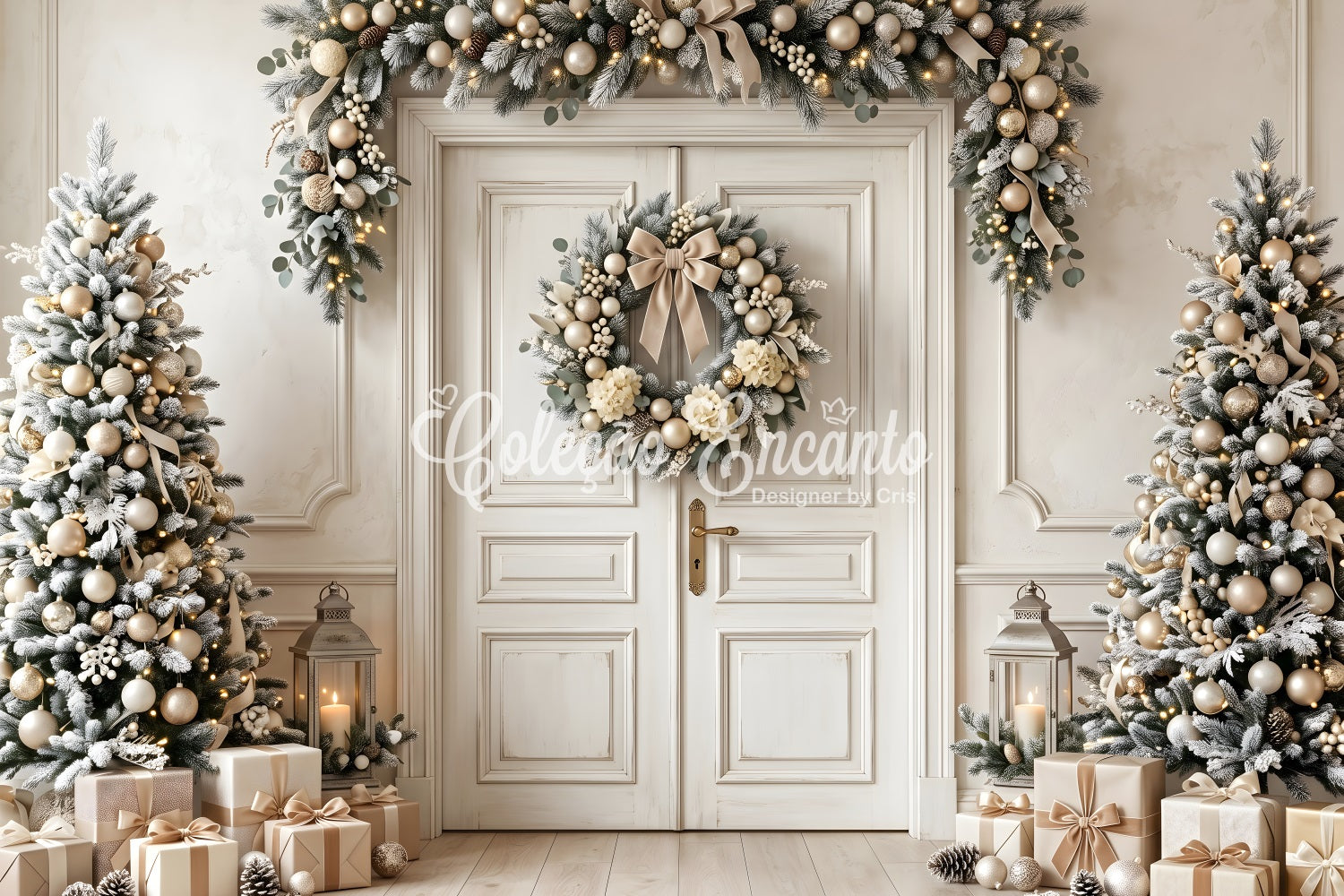 Beautiful Christmas Backdrops Ivory Gold Door Wreath Trees Christmas Photography Backdrops UK CEM65-130
