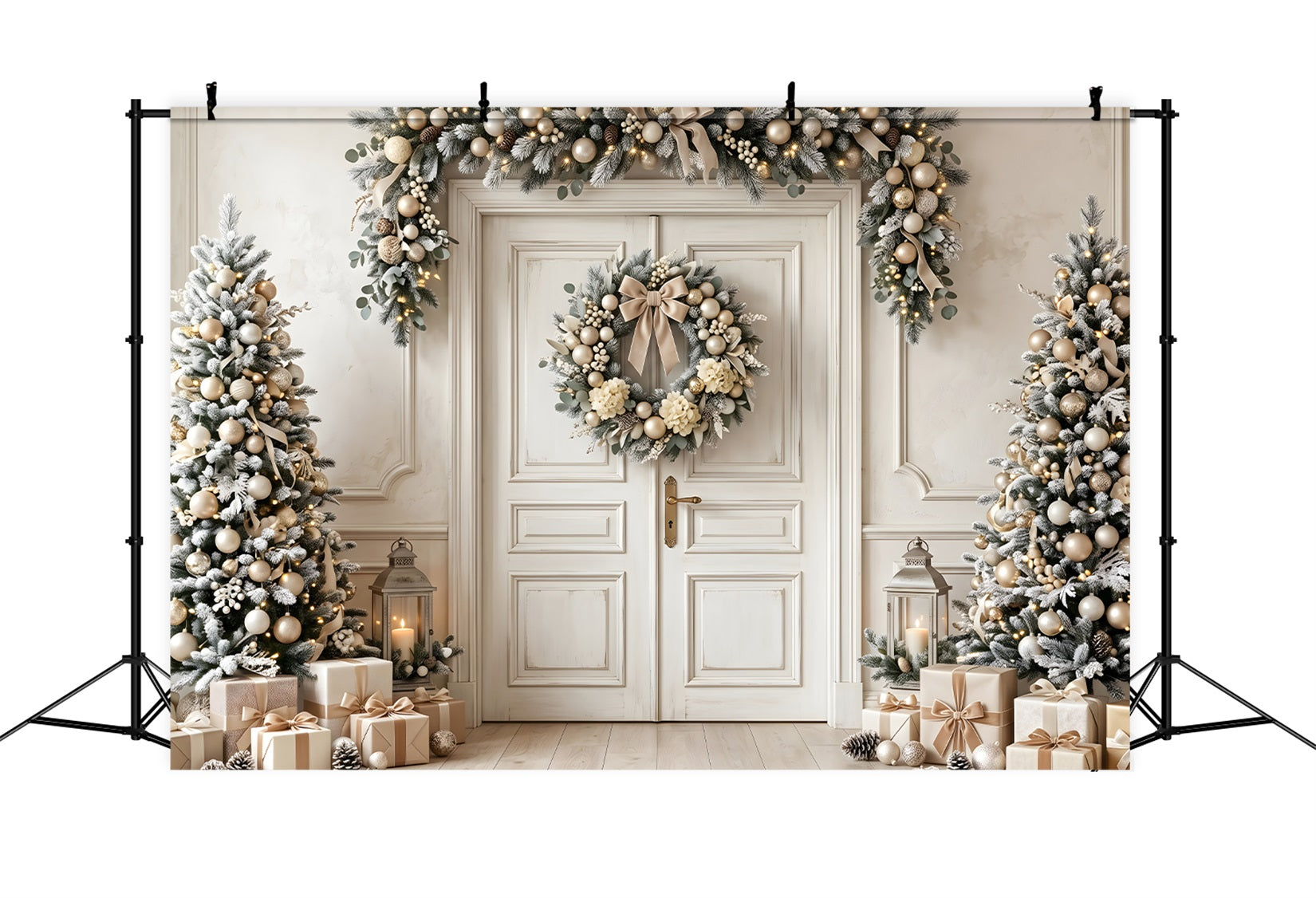 Beautiful Christmas Backdrops Ivory Gold Door Wreath Trees Christmas Photography Backdrops UK CEM65-130