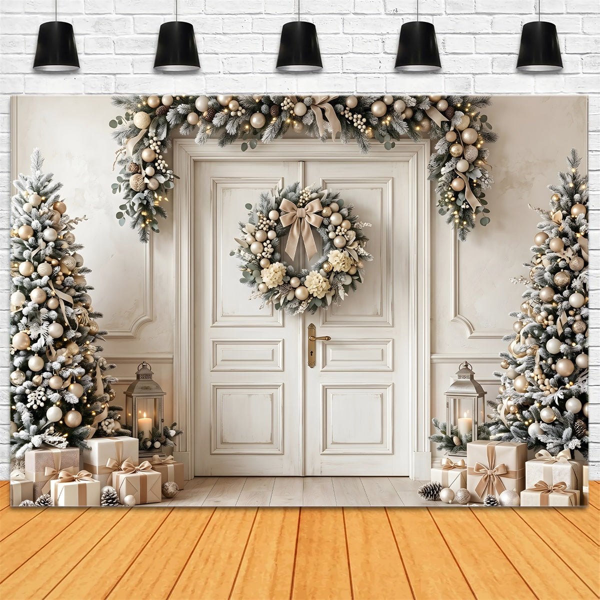 Beautiful Christmas Backdrops Ivory Gold Door Wreath Trees Christmas Photography Backdrops UK CEM65-130