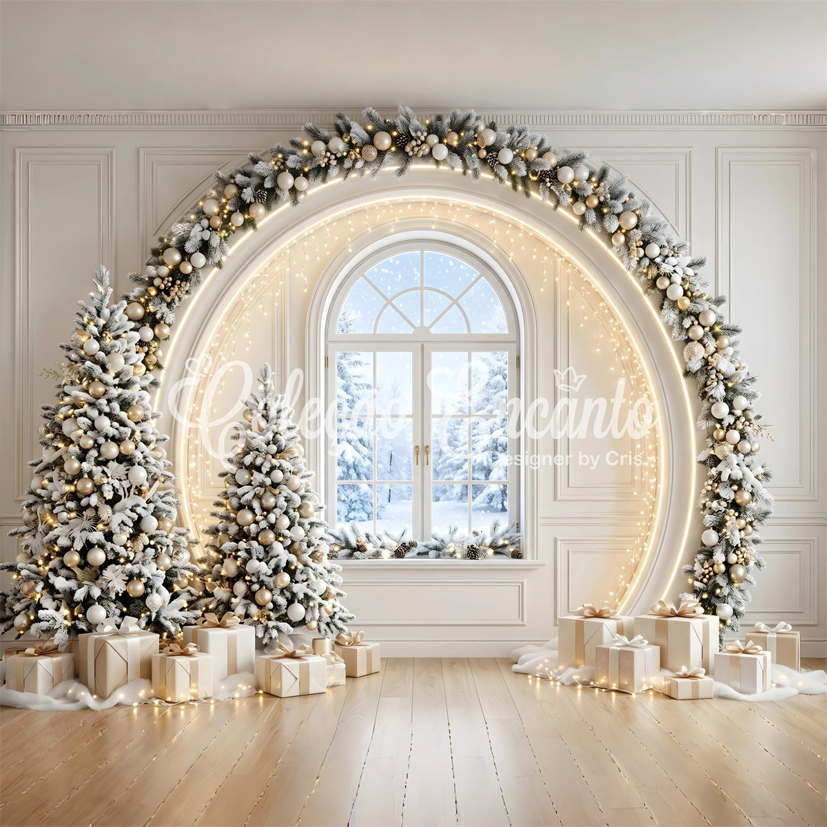 Christmas Tree Backdrops Ivory Gold Window Arch Trees Christmas Photo Backdrop Ideas UK CEM65-133