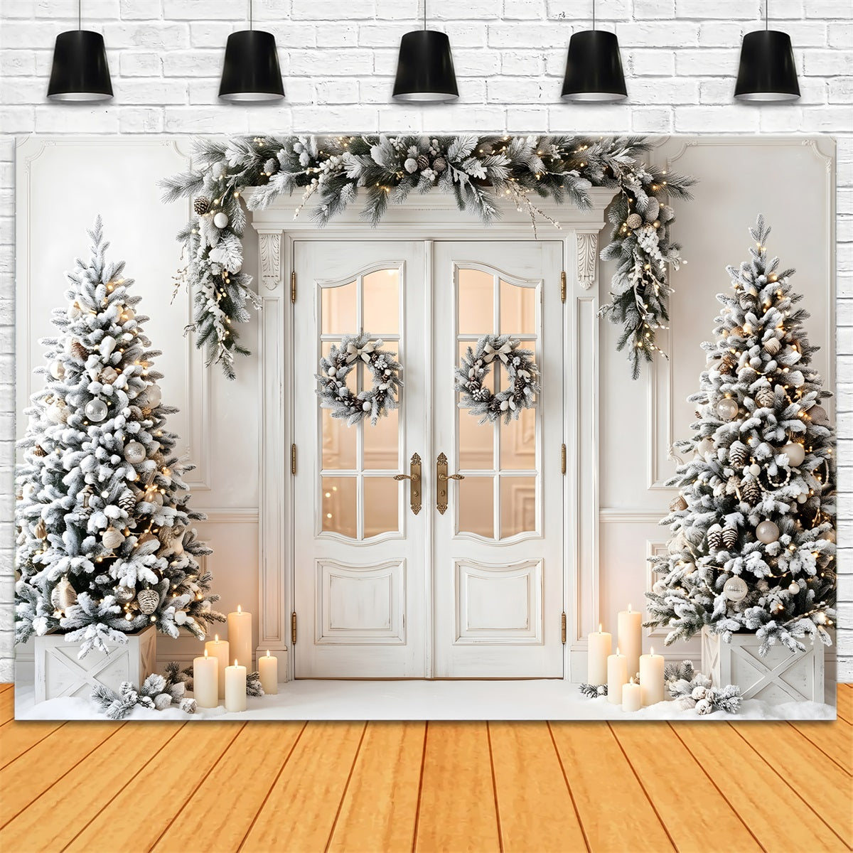 Christmas Backdrop Frosted White Door Wreath Trees Christmas Photo Booth Backdrop UK CEM65-134