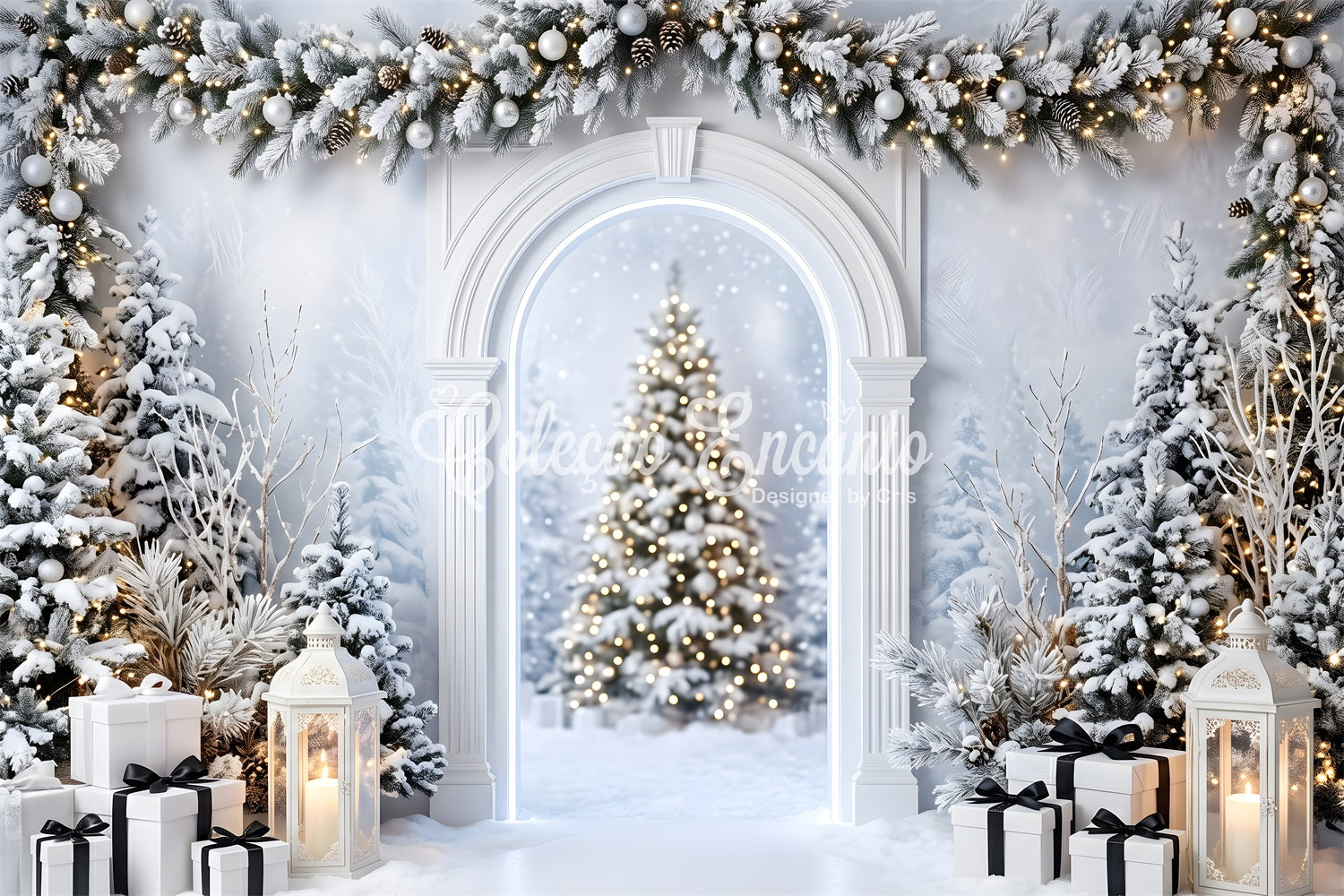 Christmas Studio Backdrop Snowy White Arch Lantern Gifts Photo Backdrop Christmas UK CEM65-135