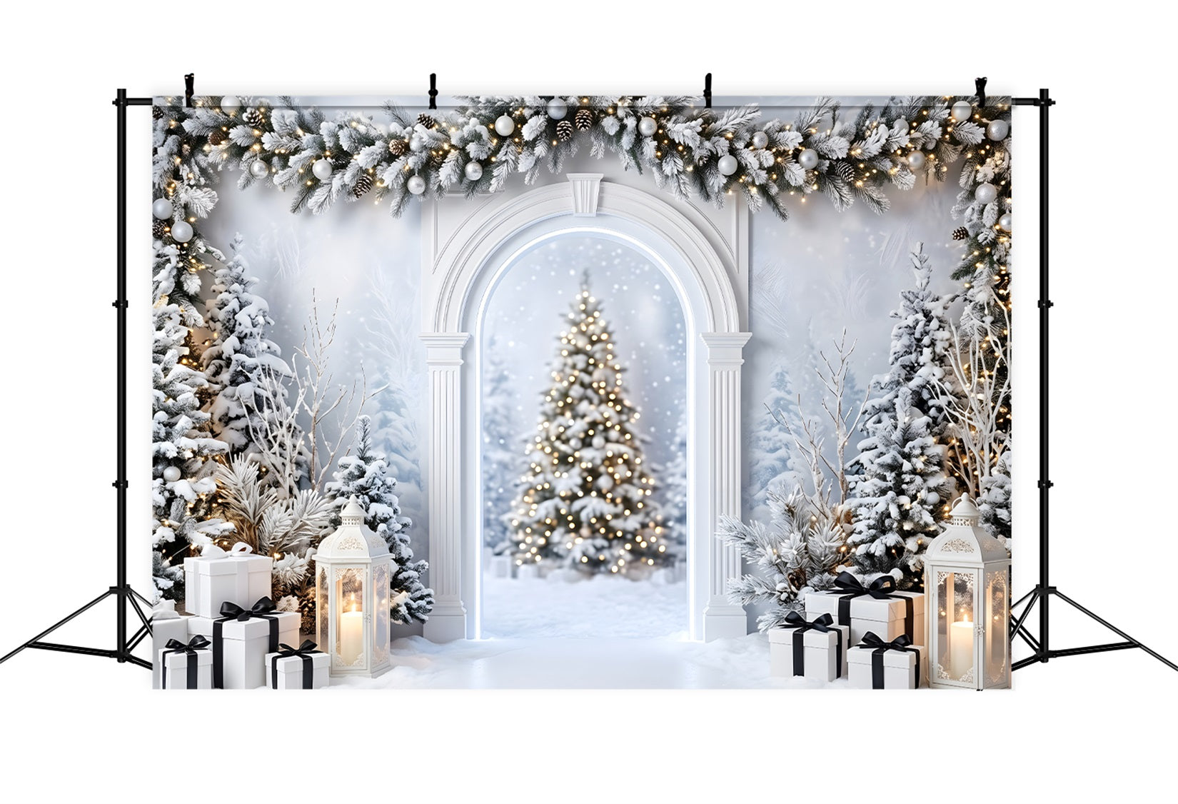 Christmas Studio Backdrop Snowy White Arch Lantern Gifts Photo Backdrop Christmas UK CEM65-135
