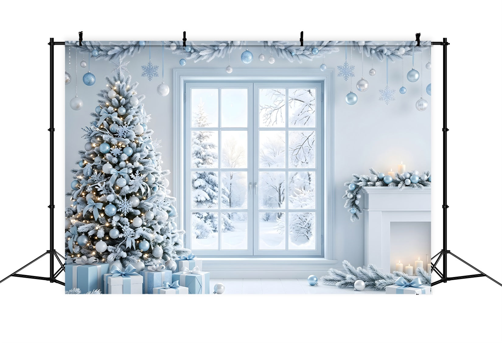 Christmas Backdrop Photoshoot Icy Blue Window Tree Fireplace Christmas Backdrop Design UK CEM65-136