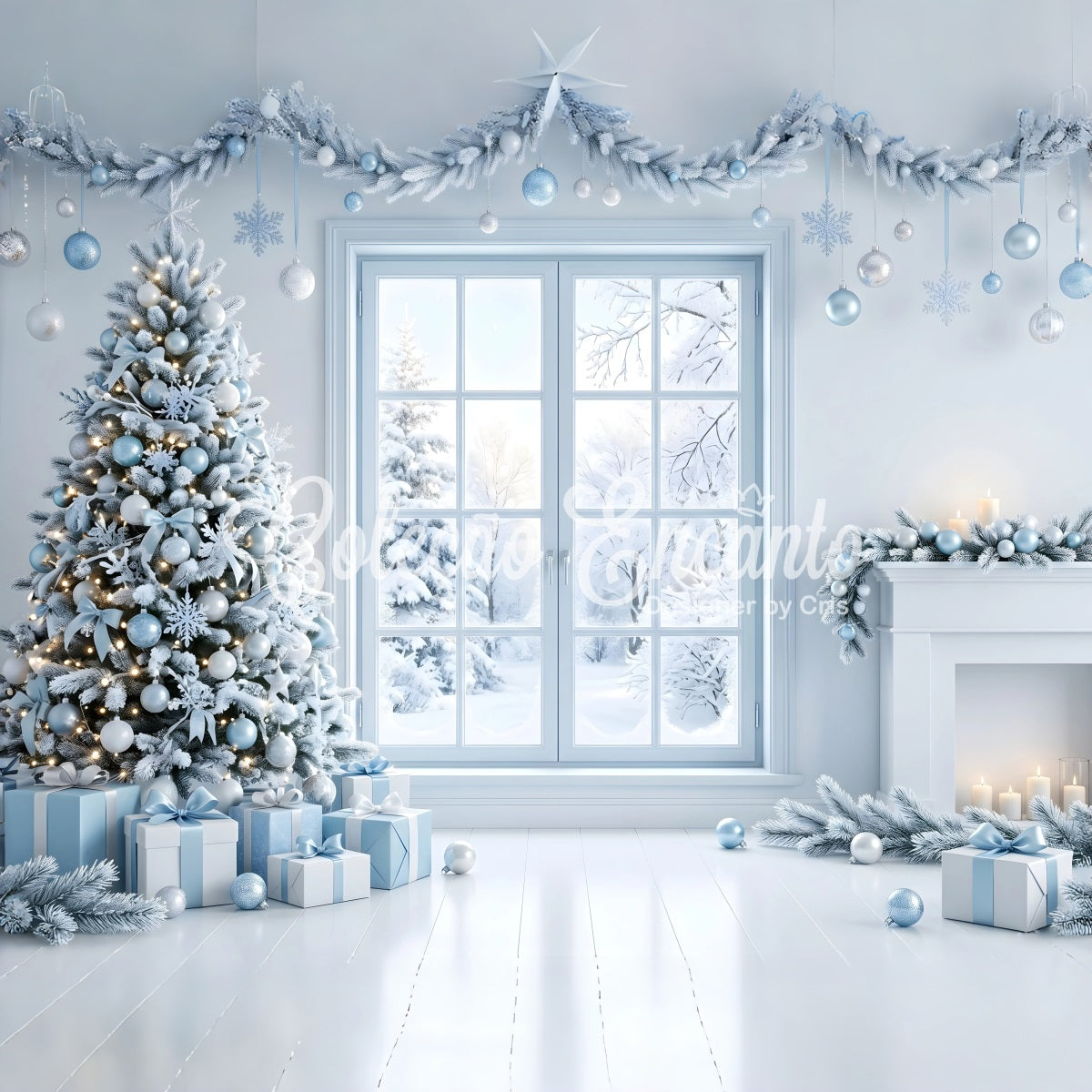 Christmas Backdrop Photoshoot Icy Blue Window Tree Fireplace Christmas Backdrop Design UK CEM65-136