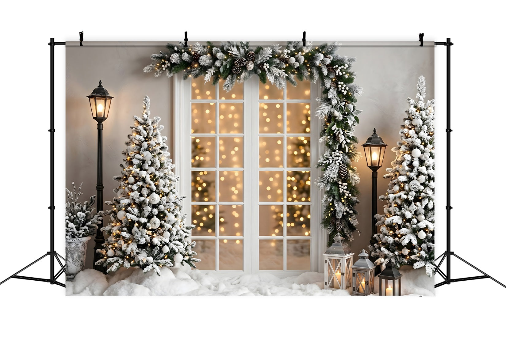 Christmas Lights Photo Backdrop Snowy Window Garland Lantern Trees Christmas Backdrops UK CEM65-137