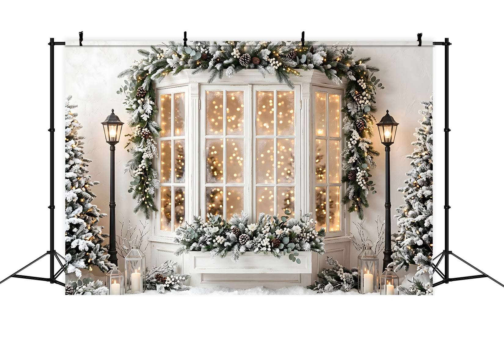 Christmas Backdrops For Pictures Frosted Bay Window Pine Lanterns Christmas Backdrop UK CEM65-138