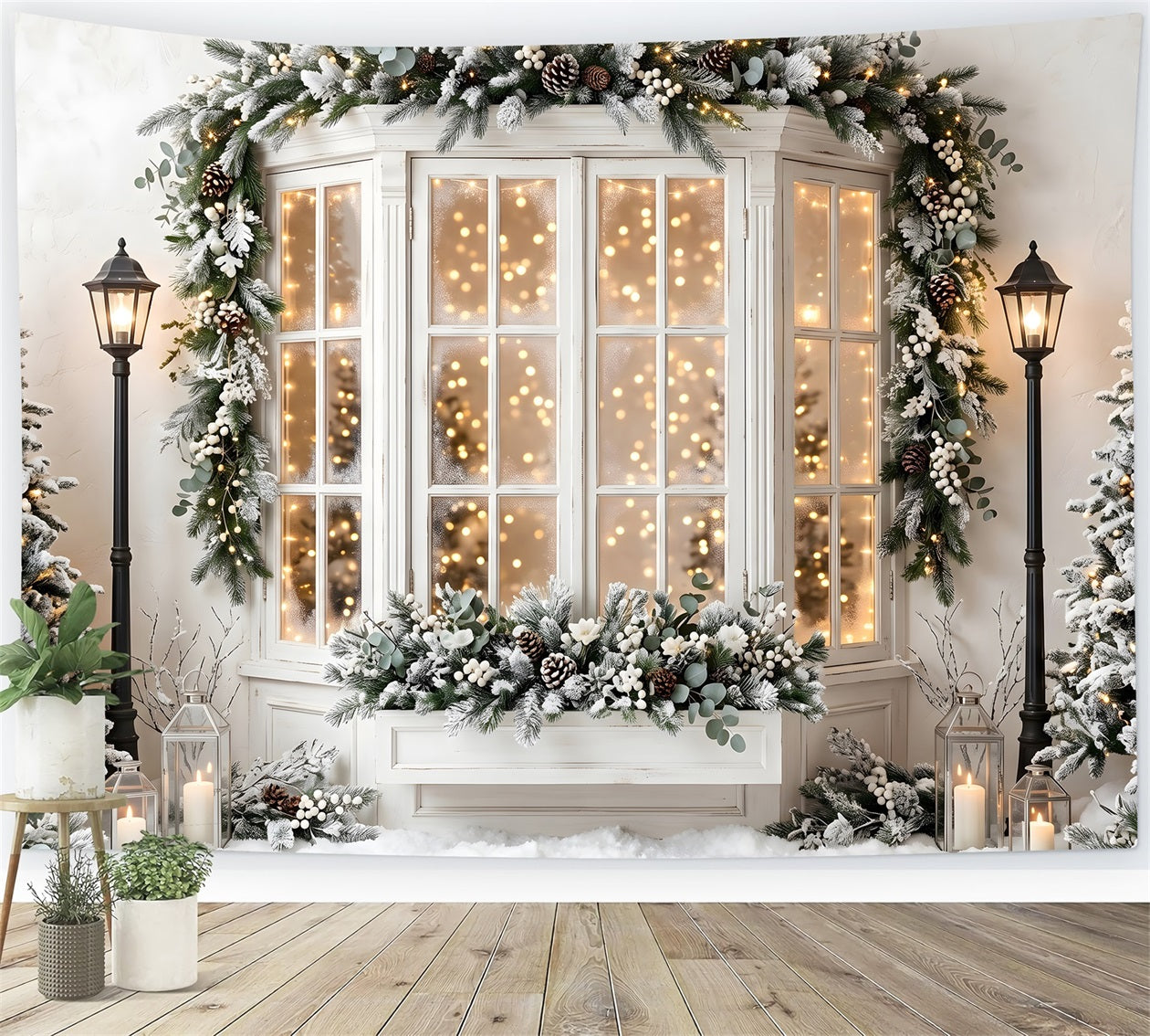 Christmas Backdrops For Pictures Frosted Bay Window Pine Lanterns Christmas Backdrop UK CEM65-138