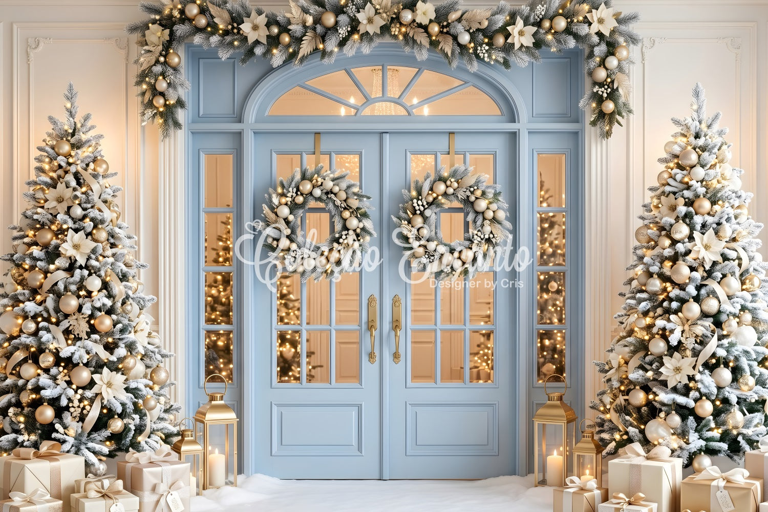 Christmas Photo Backdrop Blue Door Golden Frosted Trees Photography Christmas Backdrops UK CEM65-139