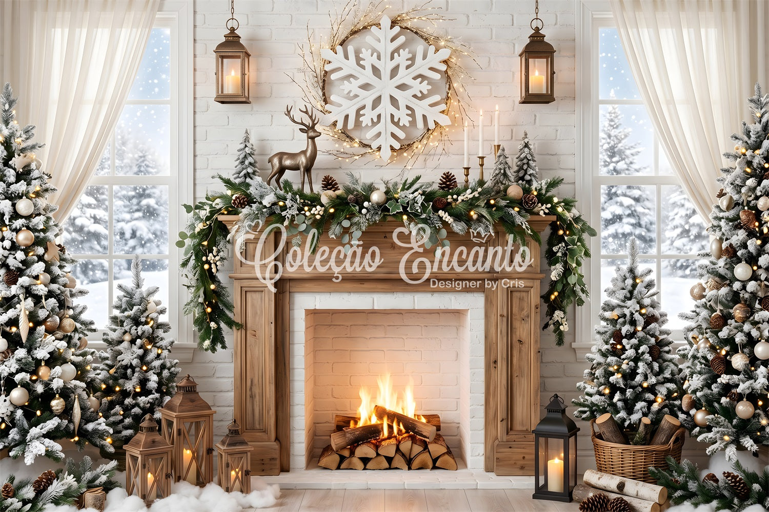 Christmas Backdrop Snowflake Deer Fireplace Pine Trees Christmas Photoshoot Backdrop UK CEM65-140