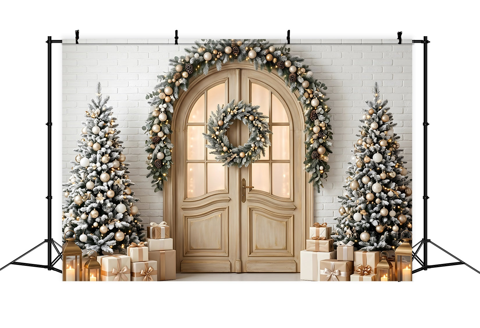 Studio Backdrops Christmas Backdrop Frosted Arched Door Wreath Trees Photo Booth Christmas Backdrop UK CEM65-142