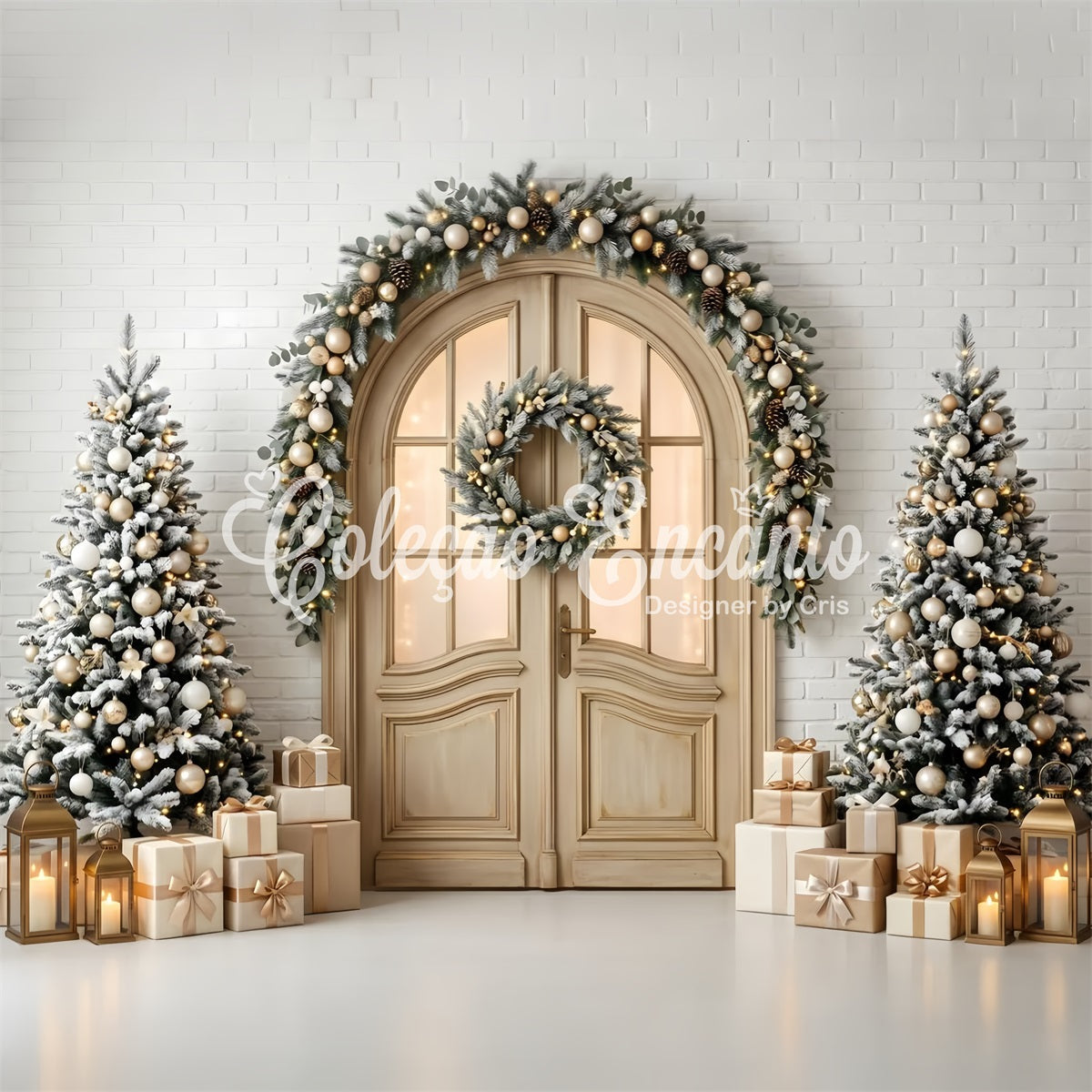 Studio Backdrops Christmas Backdrop Frosted Arched Door Wreath Trees Photo Booth Christmas Backdrop UK CEM65-142