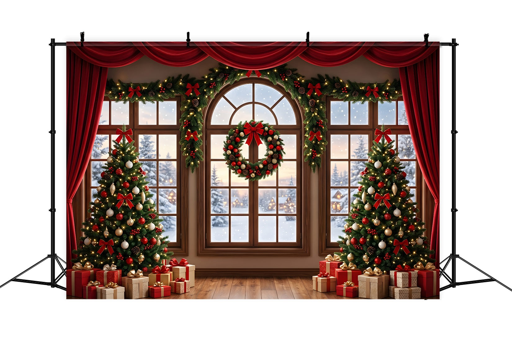 Red Christmas Backdrop Red Draped Window Wreath Trees Photography Christmas Backdrop UK CEM65-145