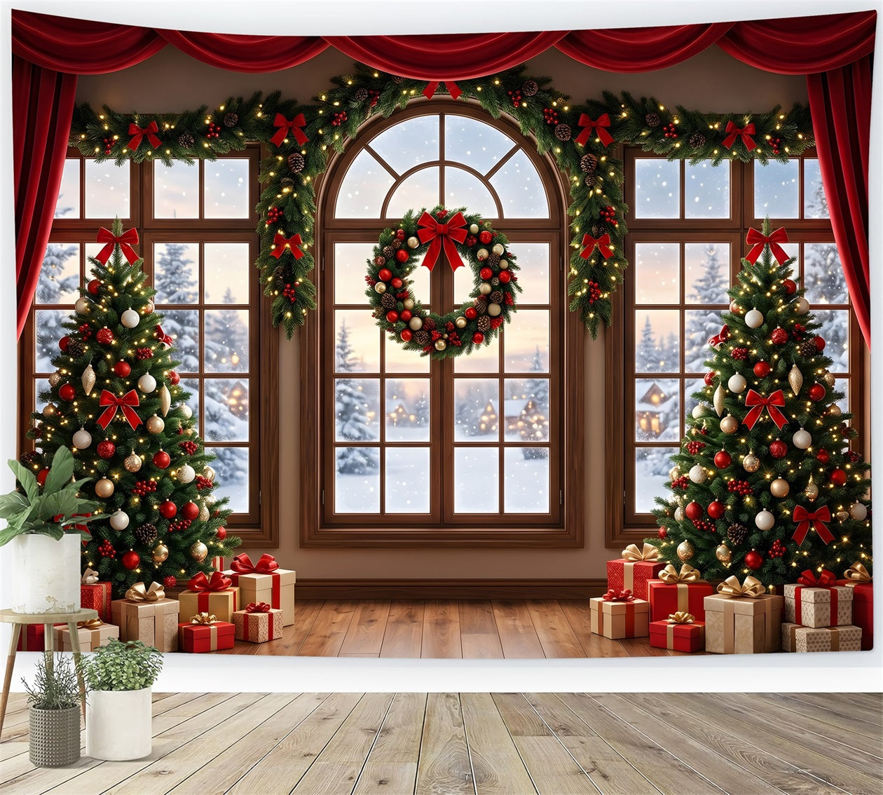 Red Christmas Backdrop Red Draped Window Wreath Trees Photography Christmas Backdrop UK CEM65-145
