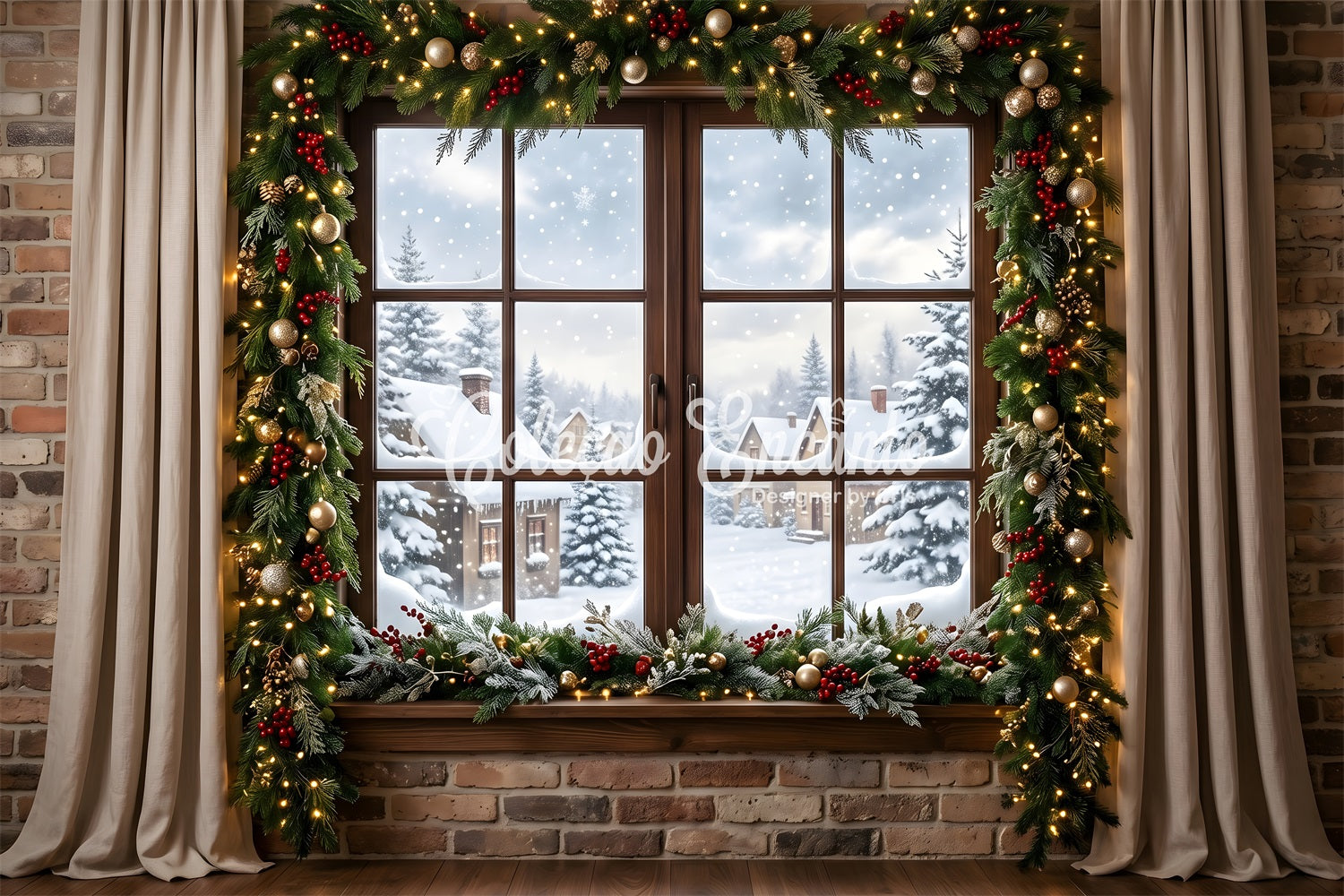 Christmas Window Backdrop Snowy Village Window Garland Curtains Christmas Photobooth Backdrop UK CEM65-146