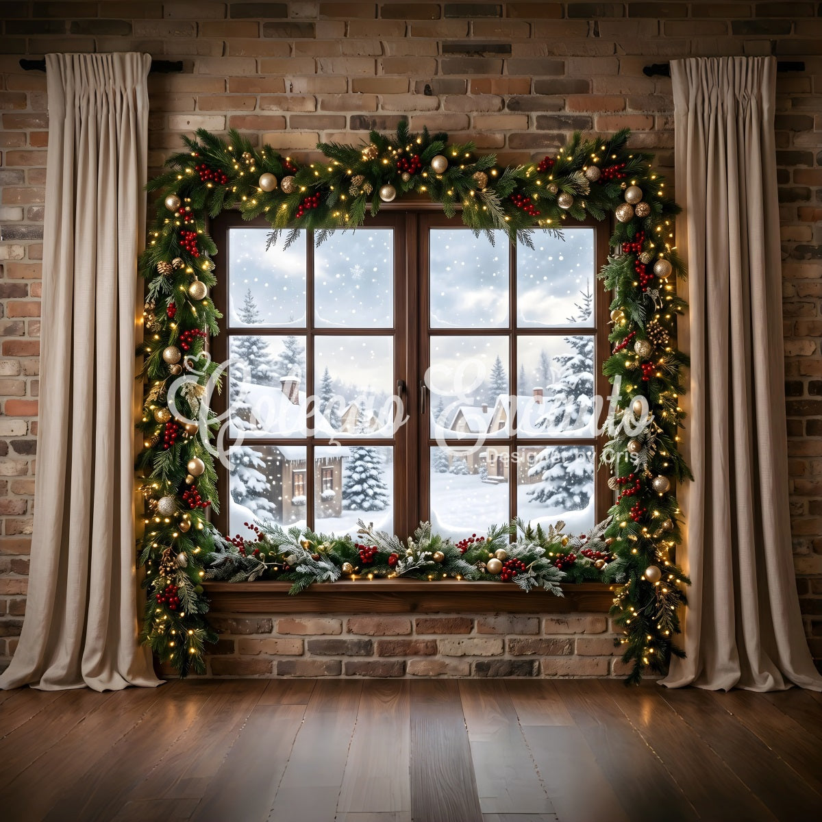 Christmas Window Backdrop Snowy Village Window Garland Curtains Christmas Photobooth Backdrop UK CEM65-146