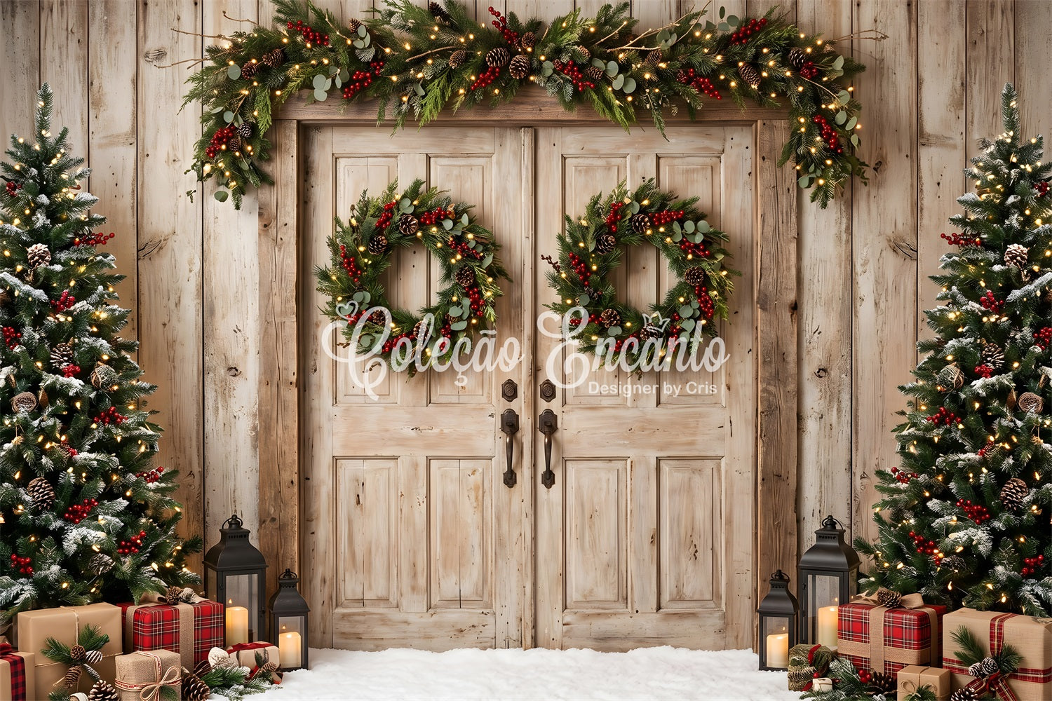Christmas Barn Door Backdrop Weathered Wood Doors Plaid Gifts Backdrop Christmas Photo Booth UK CEM65-148