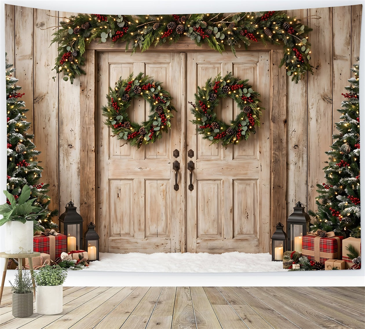 Christmas Barn Door Backdrop Weathered Wood Doors Plaid Gifts Backdrop Christmas Photo Booth UK CEM65-148