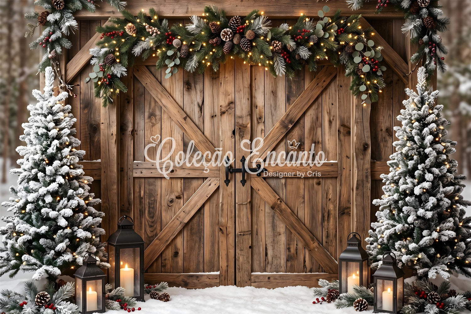 Winter Christmas Backdrop Rustic Barn Gate Garland Lanterns Christmas Backdrop Photoshoot UK CEM65-150