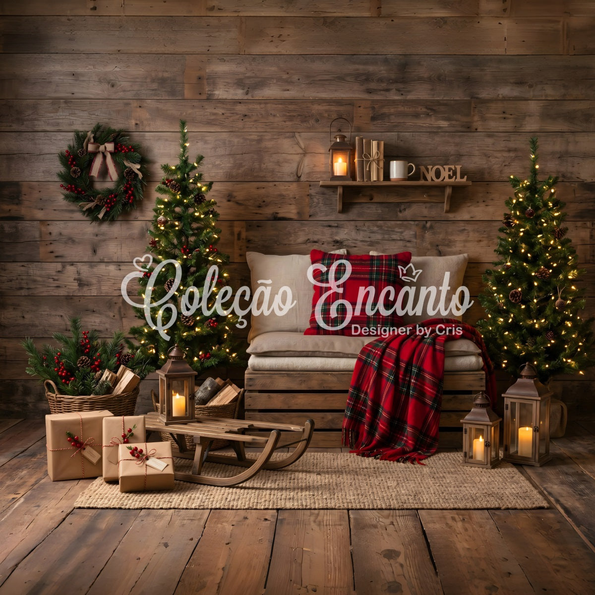 Simple Christmas Backdrop Cozy Plaid Cabin Sled Corner Best Christmas Photo Backdrops UK CEM65-151