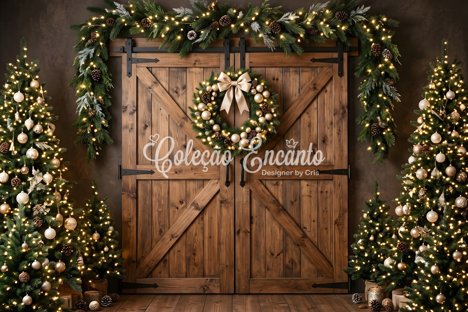 Christmas Barn Door Backdrop Golden Wreath Barn Doors Trees Photography Backdrop Christmas UK CEM65-152