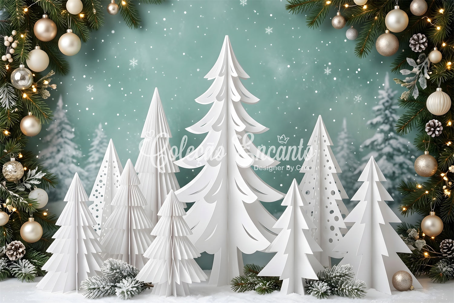 Photography Backdrops Christmas White Paper Pine Forest Ornaments Christmas Backdrop UK CEM65-154
