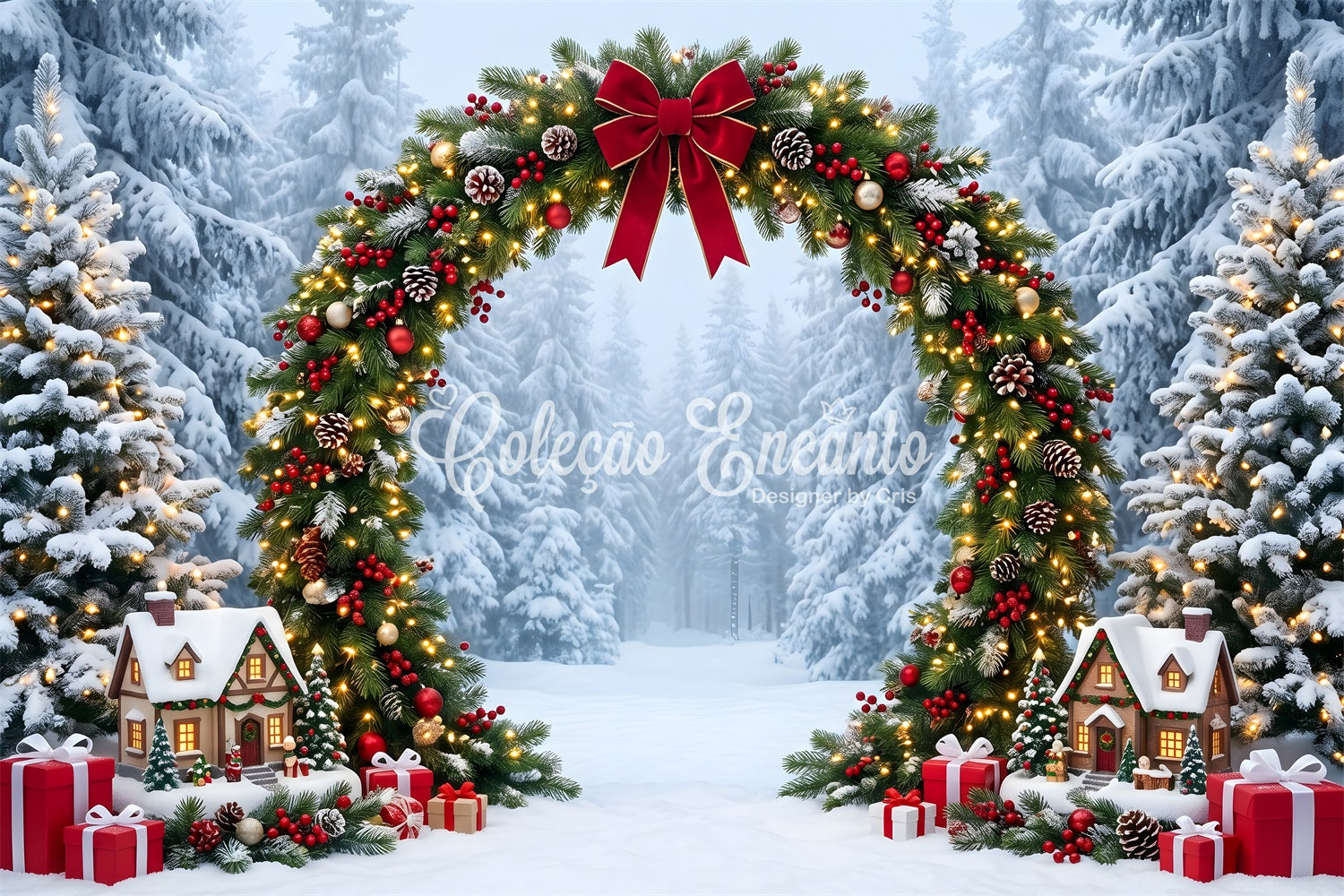 Christmas Wonderland Backdrop Snowy Evergreen Garland Cottage Arch Christmas Backdrop For Photos UK CEM65-157