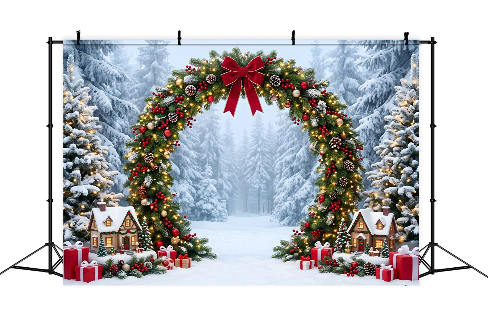 Christmas Wonderland Backdrop Snowy Evergreen Garland Cottage Arch Christmas Backdrop For Photos UK CEM65-157