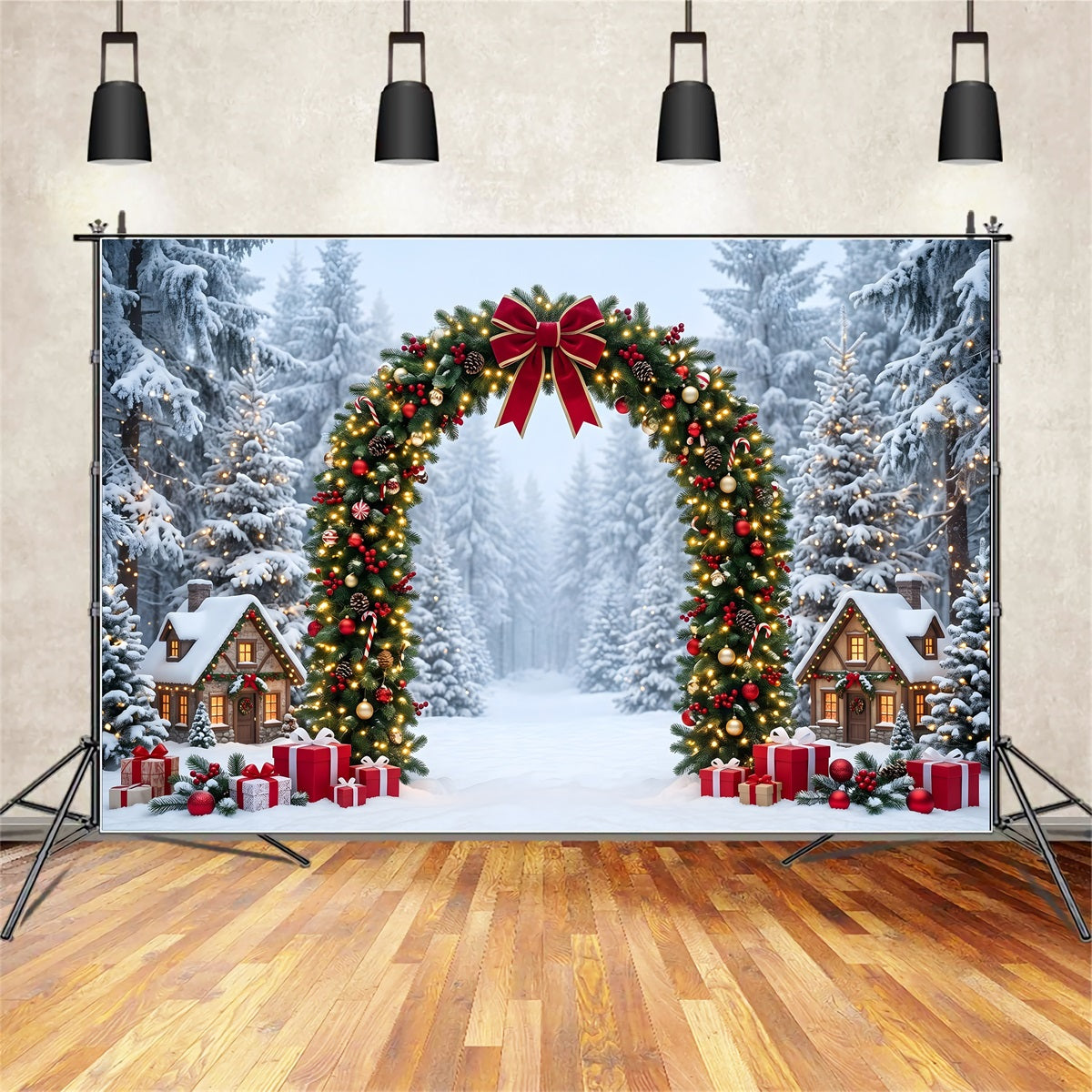 Winter Wonderland Christmas Backdrop Snowy Forest Garland Village Arch Christmas Backdrop Ideas UK CEM65-158