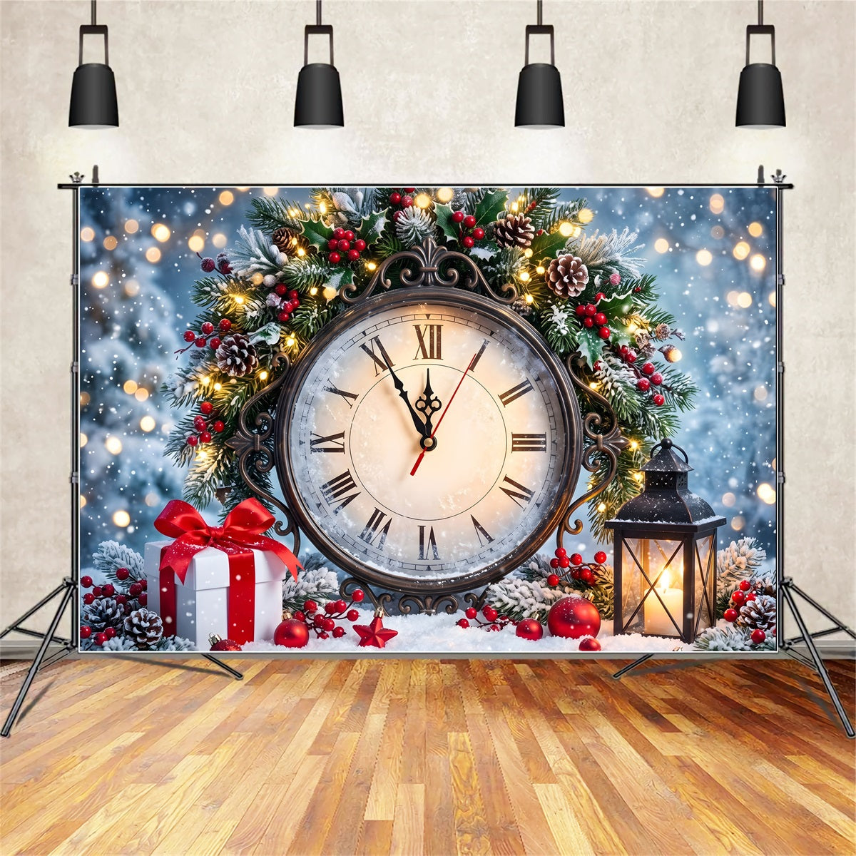 Christmas Photobooth Backdrop Vintage Roman Clock Holly Lantern Christmas Photo Backdrops UK CEM65-159