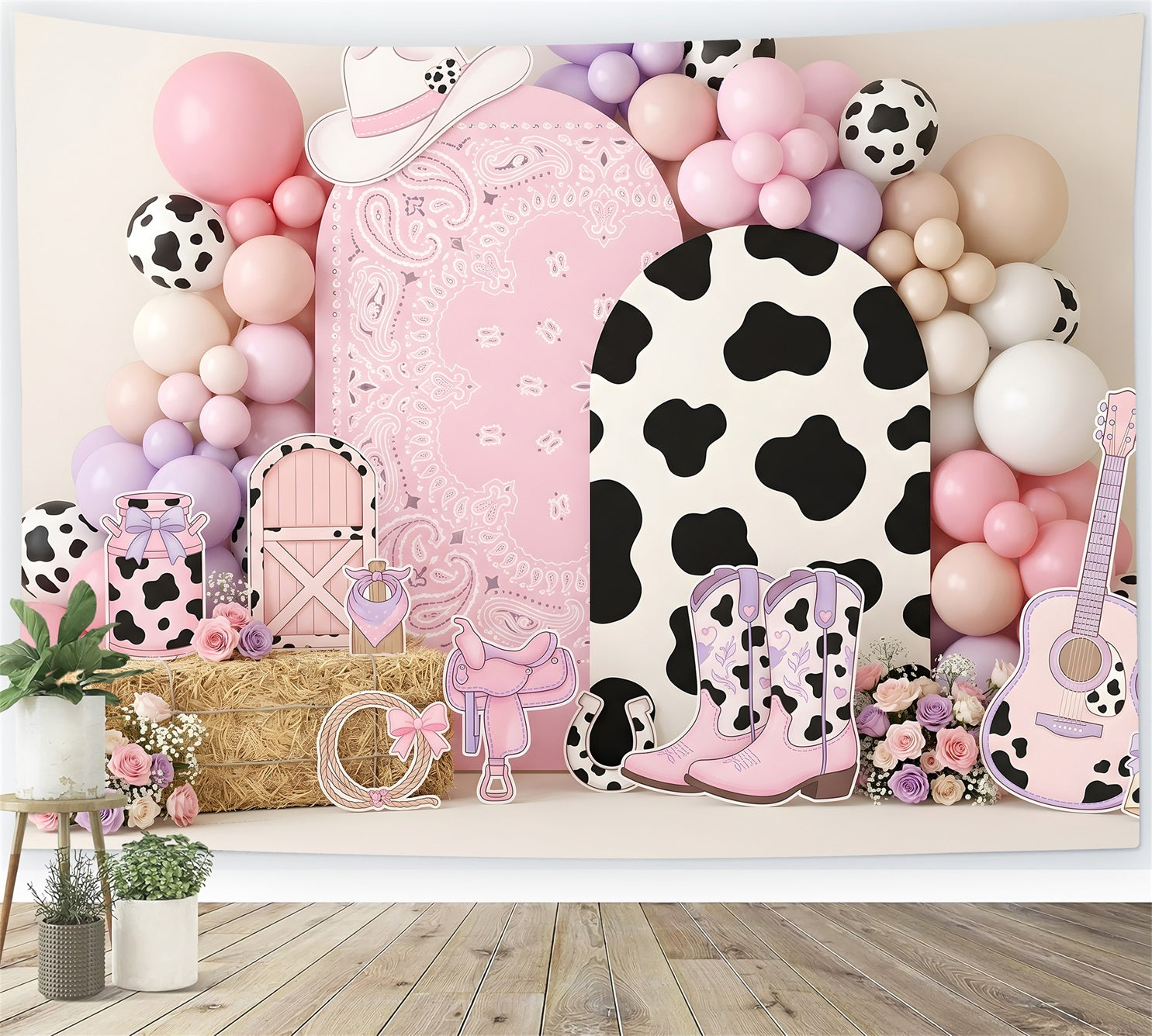 Newborn Fabric Backdrop Pink Cowgirl Cowprint Balloon Kids Photography Backdrops UK CEM65-16