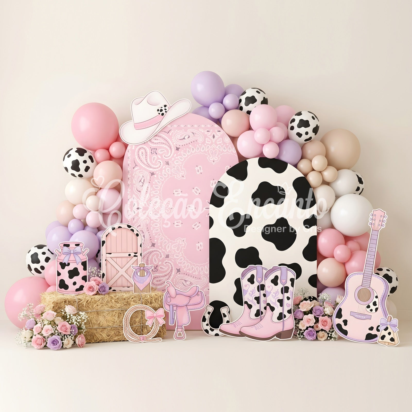 Newborn Fabric Backdrop Pink Cowgirl Cowprint Balloon Kids Photography Backdrops UK CEM65-16