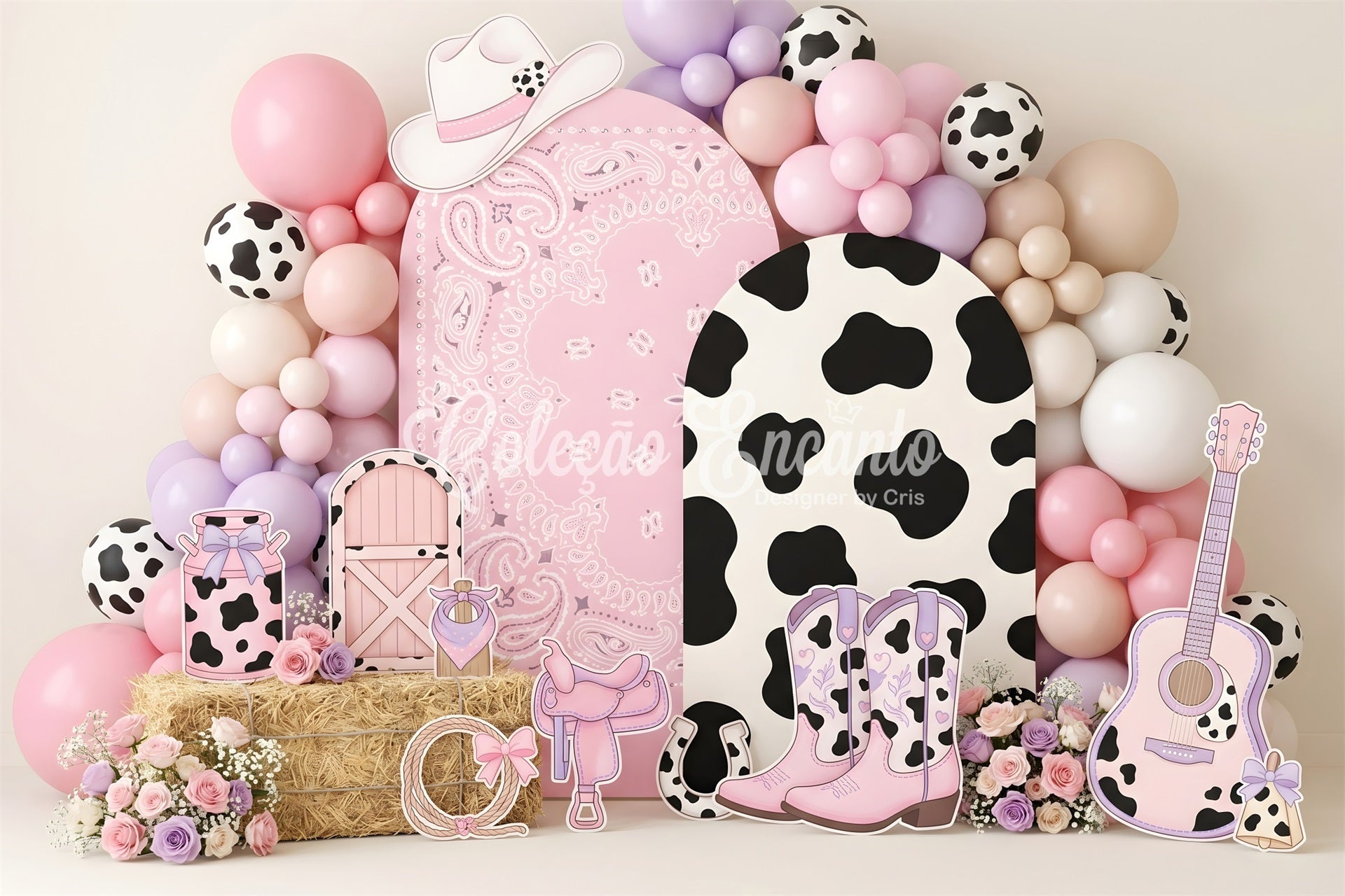 Newborn Fabric Backdrop Pink Cowgirl Cowprint Balloon Kids Photography Backdrops UK CEM65-16