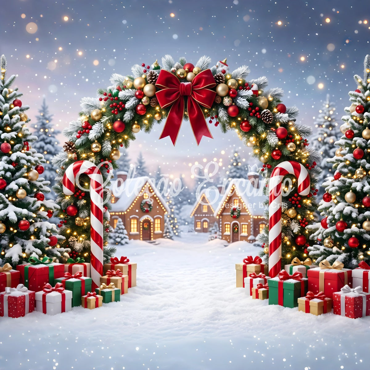 Backdrop For Christmas Pictures Candy Cane Garland Snowy Village Christmas Backdrops UK CEM65-161