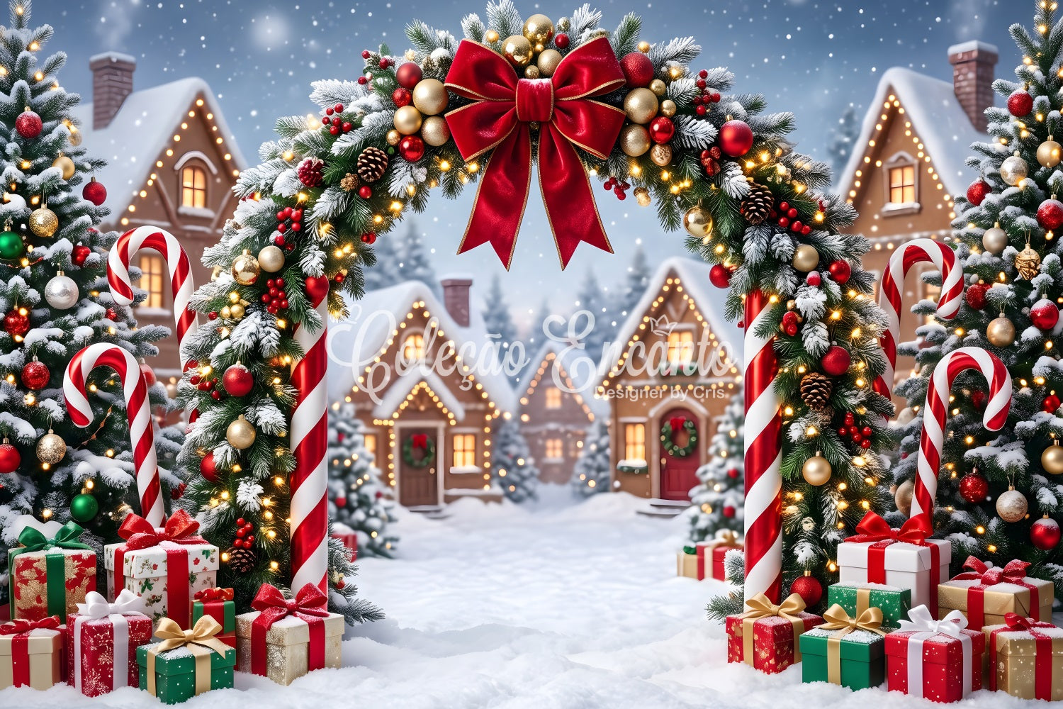 Country Christmas Backdrop Festive Candy Arch Cottage Lights Christmas Photography Backdrop UK CEM65-162