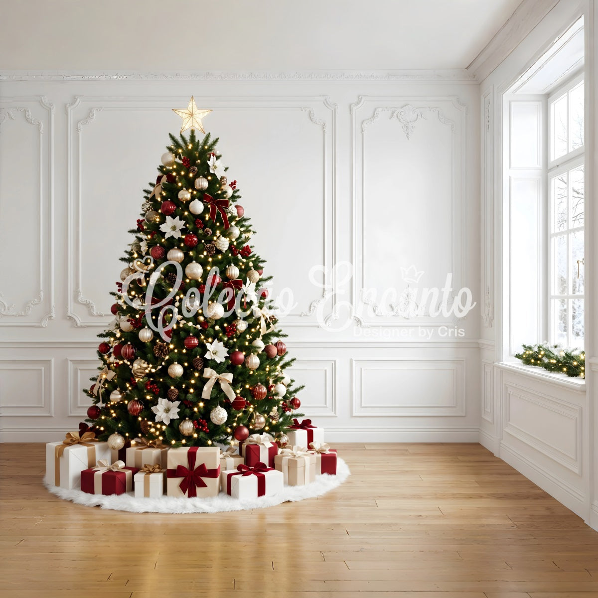 Indoor Christmas Backdrop Elegant Poinsettia Tree Gift Corner Professional Christmas Backdrops UK CEM65-163