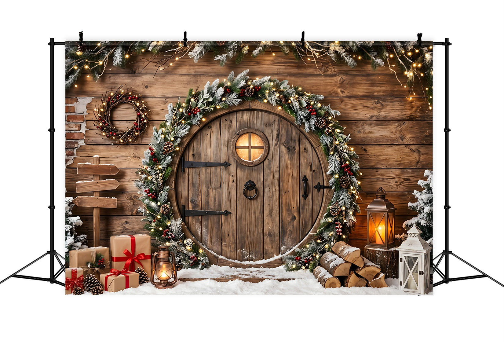 Snow Christmas Backdrop Rustic Round Door Garland Lanterns Christmas Photography Backdrops UK CEM65-164