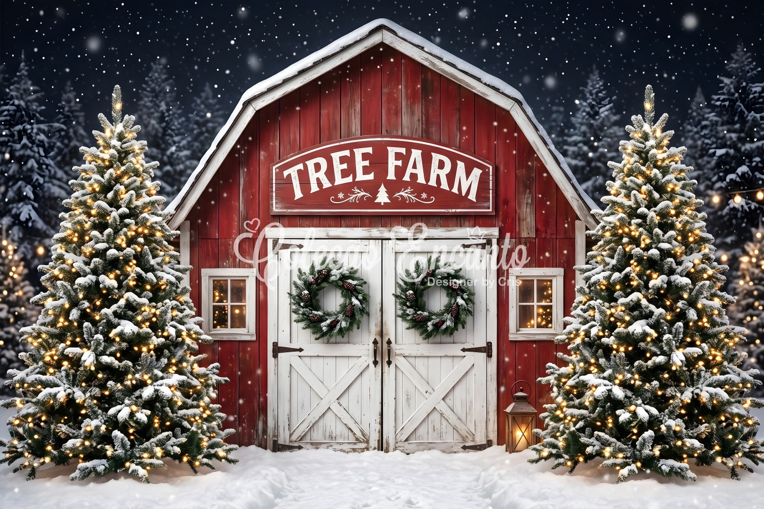 Christmas Tree Farm Backdrop Snowy Tree Farm Barn Entrance Christmas Picture Backdrop UK CEM65-166